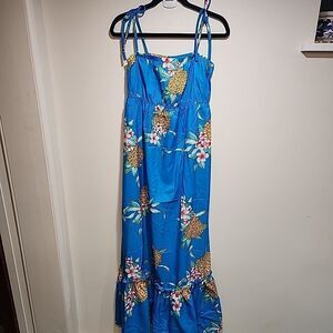 Hilo Hattie Womens Sundress Sz L Blue Maxi Tropical Floral Made In Hawaii Vtg
